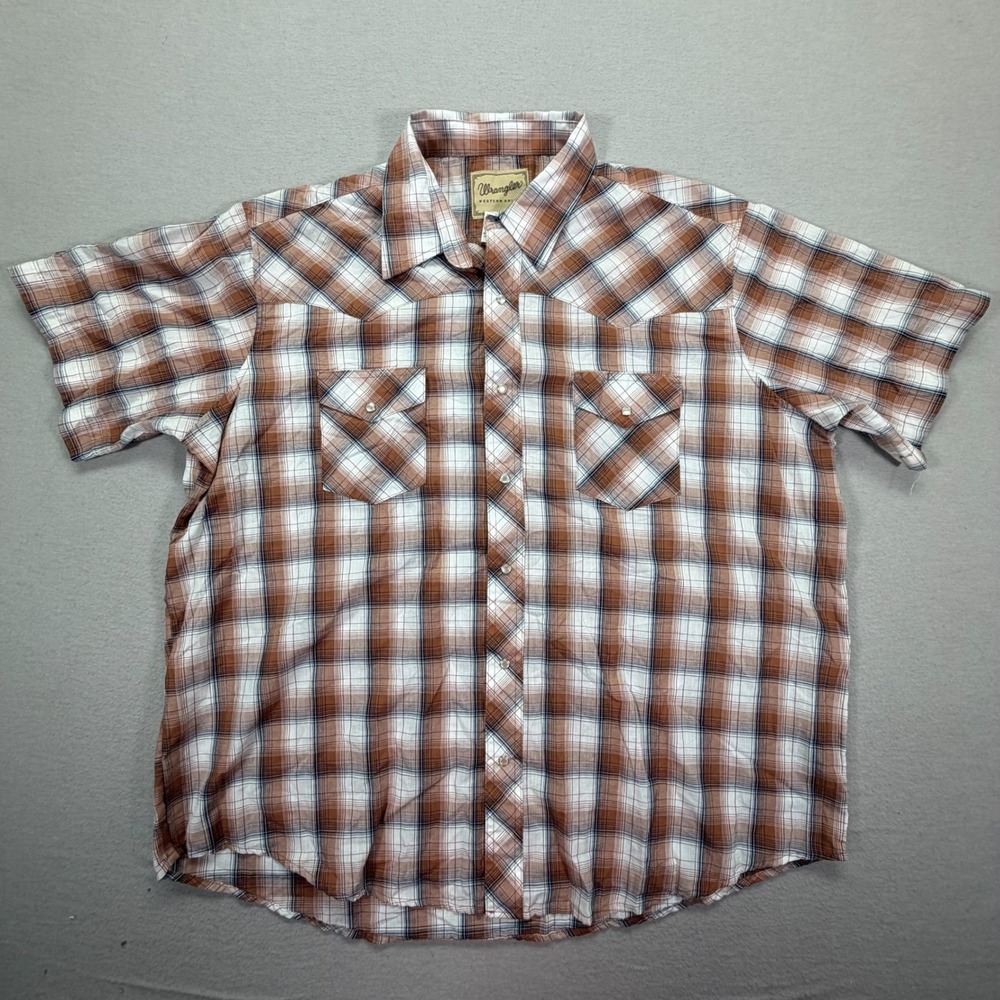 Wrangler‎ Western Shirt Mens 2XL Good Brown Plaid Short Sleeve Pearl Snap Yoke